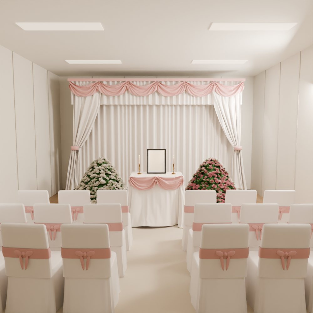 The room from the front, in ivory and rose