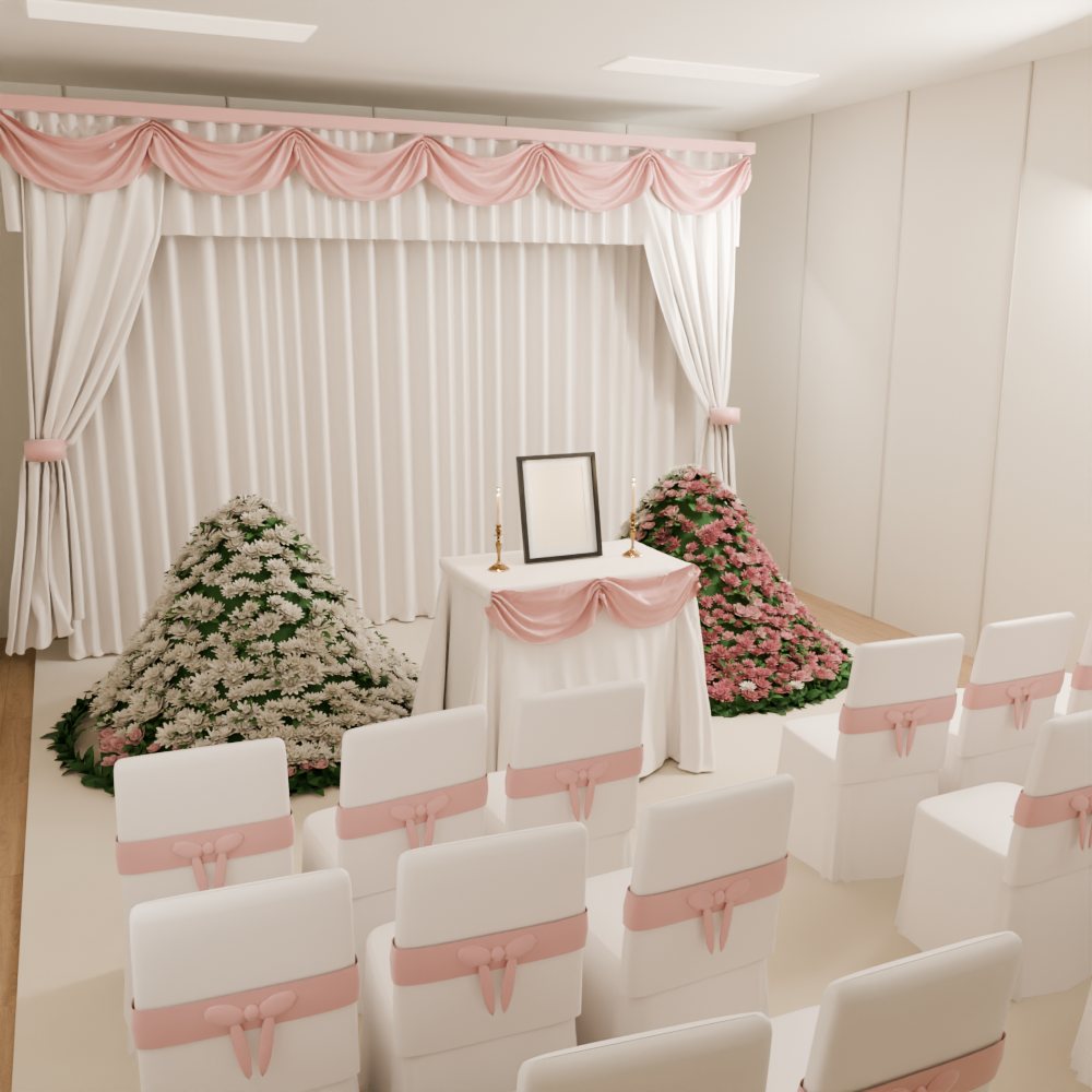 A 3D sketch of that wish: a room with white drapes and rose swags, a table with a framed photo between two banks of pink and white flowers, and rows of chairs close together