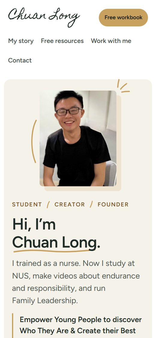 This site’s home page on a phone, with Chuan Long’s photo and a short introduction