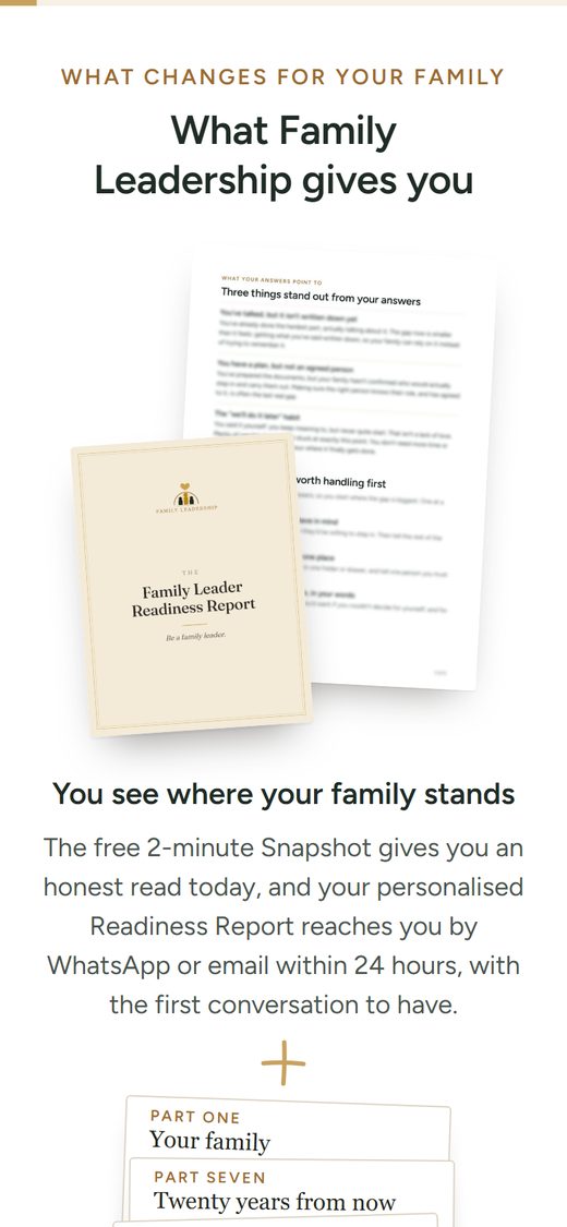 Further down Family Leadership’s page: the Readiness Report’s cover and a line on what it gives a family