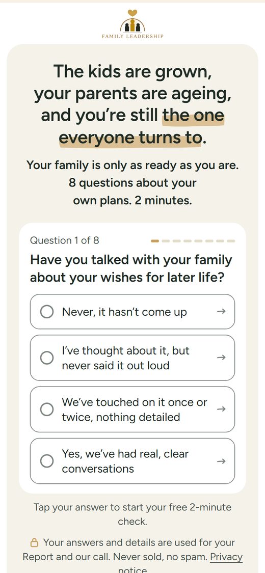 Family Leadership’s landing page on a phone, opening with a headline and the first of eight questions